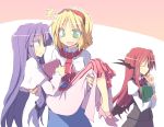  3girls ^_^ alice_margatroid bat_wings blonde_hair book carrying closed_eyes eyes_closed green_eyes hairband head_wings holding holding_book koakuma long_hair low_wings multiple_girls no_hat no_headwear patchouli_knowledge princess_carry purple_eyes purple_hair satoukibi short_hair side touhou violet_eyes wings 