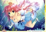  :d absurdres ankle_ribbon bangs bare_shoulders barefoot blue_eyes blush breasts bubble chikotam cleavage collarbone copyright_request coral crown dress highres jewelry long_hair looking_at_viewer necklace open_mouth scan smile solo swimming underwater 