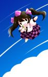  black_hair cellphone cloud clouds flying hat highres himekaidou_hatate long_hair necktie open_mouth outstretched_arms phone puffy_sleeves short_sleeves sky solo tokin_hat touhou twintails yume_shokunin 