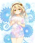  blonde_hair blush breast_hold collarbone eyebrows hair_ornament hairband kito_(sorahate) long_hair looking_at_viewer off_shoulder original see-through self_fondle solo wet yellow_eyes 