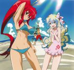  2boys 2girls absurdres armpits beach bikini blue_hair blush boota bracelet breasts cloud clouds flower hair_flower hair_ornament hair_stick highres jewelry kamina large_breasts long_hair multicolored_hair multiple_boys multiple_girls navel nia_teppelin official_art one-piece_swimsuit pointing ponytail red_hair redhead scan shinagawa_hiroki short_hair shorts simon sky smile swimsuit tattoo tengen_toppa_gurren_lagann two-tone_hair under_boob underboob very_long_hair wet yoko_littner 