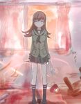  1girl absurdres artist_request bangs blood boxcutter brown_hair curtains cuts failure_penguin highres injury kantai_collection long_hair looking_at_viewer no_shoes ooi_(kantai_collection) room school_uniform serafuku skirt socks window yandere 