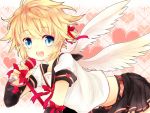  blonde_hair blue_eyes crossdressinging earrings feathered_wings hair_ribbon highres jewelry kagamine_len leeannpippisum microphone open_mouth ribbon short_hair skirt trap vocaloid wings 