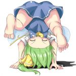  barefoot bow closed_eyes daiyousei dress eyes_closed fairy_wings feet green_hair hair_bow handstand highres side_ponytail soles solo sugi222 toes touhou upside-down wings 