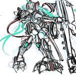  1girl adapted_costume aqua_hair arm_cannon detached_sleeves hair_ornament hatsune_miku highres huge_weapon long_hair mecha_musume necktie pan!ies solo spot_color thigh-highs thighhighs twintails very_long_hair vocaloid weapon white_legwear 