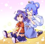  alternate_hairstyle blue_hair blush closed_eyes eyes_closed hair_brushing hair_rings hair_stick hat herada_mitsuru jiangshi kaku_seiga miyako_yoshika multiple_girls ofuda red_eyes shawl short_hair sitting smile touhou twintails 