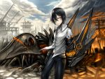  1boy bird black_hair cloud dress_shirt gia highres male mechanical_arms orange_eyes original pants robot shirt sky solo 