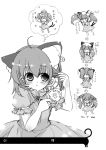 &gt;_&lt; ahoge alternate_hairstyle animal_ears blush bow cat_ears cat_tail cellphone chen closed_eyes comb earrings eyes_closed hair_bow hat jewelry kasane monochrome multiple_tails open_mouth phone puffy_sleeves short_hair short_sleeves tail tokin_hat touhou translation_request twintails 