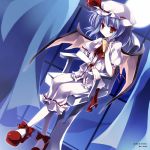 bat_wings blue_hair chair curtains hat hat_ribbon imis moon night pantyhose puffy_sleeves remilia_scarlet ribbon short_sleeves sitting sky smile solo touhou window wings wrist_cuffs yellow_eyes 