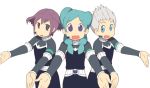  2boys alpha_(inazuma_eleven) aqua_hair arawi_keiichi_(style) beta_(inazuma_eleven) blue_eyes gamma_(inazuma_eleven) hyadain_no_kakakata_kataomoi_-_c inazuma_eleven inazuma_eleven_(series) inazuma_eleven_go inazuma_eleven_go_chrono_stone long_hair multiple_boys nichijou open_mouth parody protocol_omega purple_eyes purple_hair short_hair simple_background spiked_hair spiky_hair style_parody violet_eyes white_background white_hair 