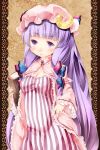  blush book bow crescent hair_bow hat long_hair long_sleeves patchouli_knowledge purple_eyes purple_hair solo sugiyuu touhou violet_eyes 