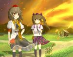  armband arms_behind_back brown_hair bunchou_(bunchou3103) camera grass hat himekaidou_hatate long_hair multiple_girls necktie pointy_ears puffy_sleeves red_eyes shameimaru_aya short_hair short_sleeves smile standing tokin_hat touhou tree wind windmill yellow_eyes 