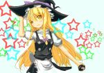  apron blonde_hair braid hair_ornament hand_on_hat hat hat_hold holding kirisame_marisa long_hair looking_at_viewer mini-hakkero open_mouth solo star touhou very_long_hair witch_hat yellow_eyes yin_yang zx0602 