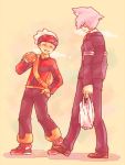  2boys backpack bag can drinking hands_in_pockets hat height_difference holding ikra_(katacoly) pokemon pokemon_(game) pokemon_rse smile talking tsuwabuki_daigo walking yuuki_(pokemon) 