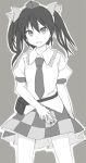  ayasugi_tsubaki cellphone hat himekaidou_hatate long_hair monochrome necktie open_mouth phone pouch puffy_sleeves short_sleeves solo standing tokin_hat touhou twintails 