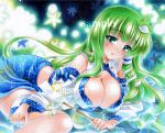  at_classics breasts cleavage detached_sleeves frog_hair_ornament gohei green_eyes green_hair hair_ornament hair_tubes kochiya_sanae large_breasts long_hair marker_(medium) partially_submerged sample smile snake solo touhou traditional_media water 