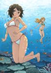  absurdres bangs barefoot bikini blonde_hair brown_hair bubble copyright_request fish freediving hashi highres long_hair multiple_girls navel short_hair smile swimming swimsuit underwater water 