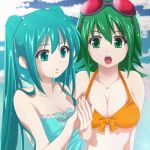  aqua_eyes aqua_hair bikini_top cloud clouds dance_in_lip goggles goggles_on_head green_eyes green_hair gumi hatsune_miku multiple_girls open_mouth sky twintails vocaloid 