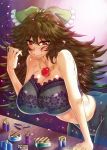 arm_support ass bare_shoulders bent_over black_hair blush bow bra breasts cleavage hair_bow huge_breasts jewelry lace-trimmed_bra leaning_forward lipstick_tube long_hair looking_at_viewer necklace red_eyes reiuji_utsuho solo touhou underwear wakura_(gcdan) 