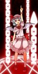  bat_wings blue_hair bow chain chains hat hat_ribbon highres magic_circle miurayuuki open_mouth outstretched_arms puffy_sleeves red_eyes remilia_scarlet ribbon short_hair short_sleeves solo touhou wings wrist_cuffs 