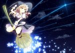  blonde_hair bow braid broom curiosities_of_lotus_asia hair_bow hat highres kirisame_marisa night puffy_sleeves shooting_star short_hair short_sleeves side_braid single_braid sky smile solo star tomo1030 touhou witch_hat yellow_eyes 