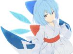  adapted_costume alternate_costume alternate_eye_color blue_hair bow brown_eyes cirno cosplay detached_wings froslass hair_bow ice ice_wings japanese_clothes long_sleeves pokemon short_hair smile solo touhou white_background wide_sleeves wings yamai_tsuki 