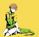  1boy brown_hair character_request flat_color iguana_(animal) male shiro_(reptil) short_hair simple_background solo tennis_no_ouji-sama 