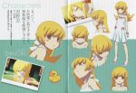  absurdres bakemonogatari bare_shoulders blonde_hair blush blush_stickers bracelet character_sheet crease dress flat_gaze highres jewelry long_hair looking_up monogatari_(series) nisemonogatari no_mouth no_nose official_art open_mouth oshino_shinobu profile rubber_duck scan smile translation_request watanabe_akio white_dress yellow_eyes 