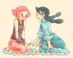  2girls bandaid black_hair blush braid closed_eyes fingerless_gloves gloves gym_leader hair_ornament hairclip ikra_(katacoly) laughing multi-tied_hair multiple_girls pink_eyes pink_hair pokemon pokemon_(game) pokemon_dppt shy sitting smile sumomo_(pokemon) suzuna_(pokemon) sweater_around_waist twin_braids twintails 