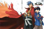  2boys back-to-back belt blue_hair cape crossed_arms frown goggles goggles_on_head kamina male multiple_boys official_art scan simon sword tattoo tengen_toppa_gurren_lagann weapon 