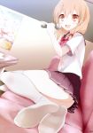  :d absurdres blonde_hair bow couch feet hair_bow highres holding kneehighs microphone no_shoes open_mouth orange_eyes original scan school_uniform smile soles solo table thighhighs usotsukiya white_legwear 