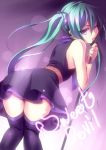  aqua_hair ass bent_over black_legwear hatsune_miku holding kinta_(distortion) long_hair looking_at_viewer looking_back purple_eyes skirt solo sweet_devil_(vocaloid) thighhighs thighs tongue tongue_out twintails very_long_hair violet_eyes vocaloid wink zettai_ryouiki 