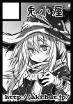  apple bandage bandages circle_cut copyright_request cuffs food fruit fujiwara_akina greyscale handcuffs hat light_particles long_hair monochrome scarf solo watermark web_address witch_hat 
