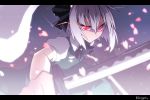  bow dual_wielding glowing glowing_eyes grey_hair hair_ribbon hitodama katana kikugetsu konpaku_youmu konpaku_youmu_(ghost) petals puffy_sleeves red_eyes ribbon ribbons short_hair short_sleeves silver_hair slit_pupils solo sword touhou weapon 