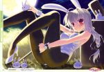  absurdres animal_ears barefoot black_legwear braid bunny_ears bunnysuit dengeki_moeou detached_collar full_moon grey_hair high_heels highres hoe looking_at_viewer lying moon nanao_naru night pantyhose rabbit_ears red_eyes scan shoes solo worktool wrist_cuffs 