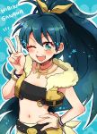  beyond_the_vibes black_hair blue_eyes bracelet character_name ganaha_hibiki hand_on_hip idolmaster jewelry long_hair necklace ponytail popoin ribbon smile solo star v wink 