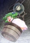  blush bucket full_moon green_eyes green_hair hair_bobbles hair_ornament in_bucket in_container kisume mizuki_hitoshi moon open_mouth rope solo touhou twintails well 