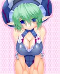  adapted_costume asamura_hiori blue_eyes breasts cleavage cleavage_cutout elf green_hair hat highres mel_von_shiina one-piece_swimsuit phantasy_star phantasy_star_online_2 pink_background pointy_ears short_hair swimsuit 