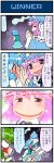  4koma :d anger_vein artist_self-insert blank_eyes blood bloody_tears blue_hair blush closed_eyes comic crying eyes_closed gohei green_hair hat highres hitodama kochiya_sanae mizuki_hitoshi multiple_girls musical_note open_mouth pink_eyes pink_hair real_life_insert reverse_translation saigyouji_yuyuko short_hair smile streaming_tears tatara_kogasa tears touhou translated translation_request trembling triangular_headpiece troll_face weight_conscious 