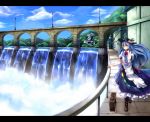 blue_hair boots cloud clouds cross food fruit hat highres hinanawi_tenshi izayoi-saki letterboxed long_hair long_skirt mountain peach red_eyes skirt sky solo suitcase touhou water waterfall wind