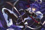  blue_hair bodysuit breasts clothed_navel erect_nipples gond hair_intakes long_hair mecha mitsurugi_meiya muvluv muvluv_alternative navel ponytail purple_eyes purple_hair sword takemikaduchi type-00r_takemizakuchi weapon 