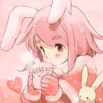  animal_ears blush bunny bunny_ears capelet cup drinking gloves heart holding original pink_hair rabbit rabbit_ears shirotaka_(shirotaka) short_hair solo 