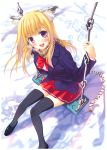  :d absurdres amakusa_tobari animal_ears black_legwear blonde_hair blush bow copyright_request from_above highres holding long_hair looking_at_viewer open_mouth purple_eyes scan scarf school_uniform sitting skirt smile solo swing tail thigh-highs thighhighs violet_eyes 