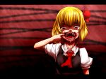  blonde_hair blood bow darkness fangs finger_in_mouth hair_bow hair_ribbon open_mouth red_eyes ribbon rumia short_hair short_sleeves solo touhou yuuki_(yukigeshou_hyouka) 