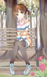  bench black_legwear brown_eyes brown_hair casual flower highres idolmaster idolmaster_cinderella_girls jewelry looking_at_viewer necklace park short_twintails sitting smile snowflyer solo sweater_dress thigh-highs thighhighs totoki_airi twintails 