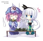  1boy 2girls blue_eyes closed_eyes eyes_closed facial_hair hair_ribbon hairband hat hitodama imis konpaku_youki konpaku_youmu konpaku_youmu_(ghost) long_sleeves lowres multiple_girls mustache open_mouth pink_hair puffy_sleeves ribbon saigyouji_yuyuko seiza short_sleeves sitting table touhou triangular_headpiece white_hair wide_sleeves 