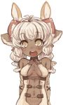  7010 :d animal_ears bare_shoulders blush breasts dark_skin long_hair navel open_mouth original silver_hair smile solo under_boob underboob white_background yellow_eyes 