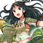  1girl black_hair blue_eyes hair_ribbon itomugi-kun japanese_clothes kantai_collection katsuragi_(kantai_collection) long_hair machinery midriff ponytail ribbon smile solo 