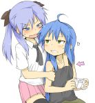  2girls black_legwear blue_eyes blue_hair blush commentary_request controller directional_arrow game_controller green_eyes groping hiiragi_kagami izumi_konata jza80 long_hair lucky_star multiple_girls purple_hair simple_background skirt sweatdrop thigh-highs thighhighs twintails white_background 