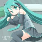  1girl 39 2007 aqua_eyes aqua_hair bare_shoulders black_legwear character_name child dated detached_sleeves emurin hatsune_miku long_hair looking_at_viewer necktie skirt solo spring_onion thighhighs twintails very_long_hair vocaloid 